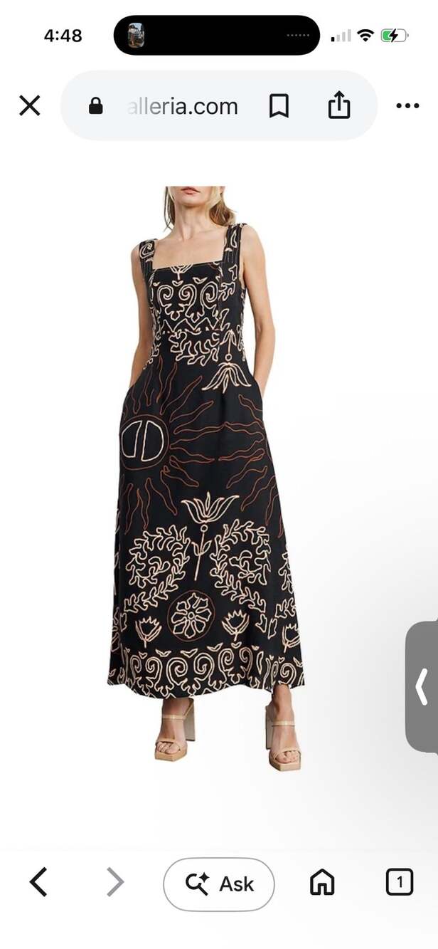 CIEBON Black Embroidered Midi Dress with Sun and Floral Motifs
